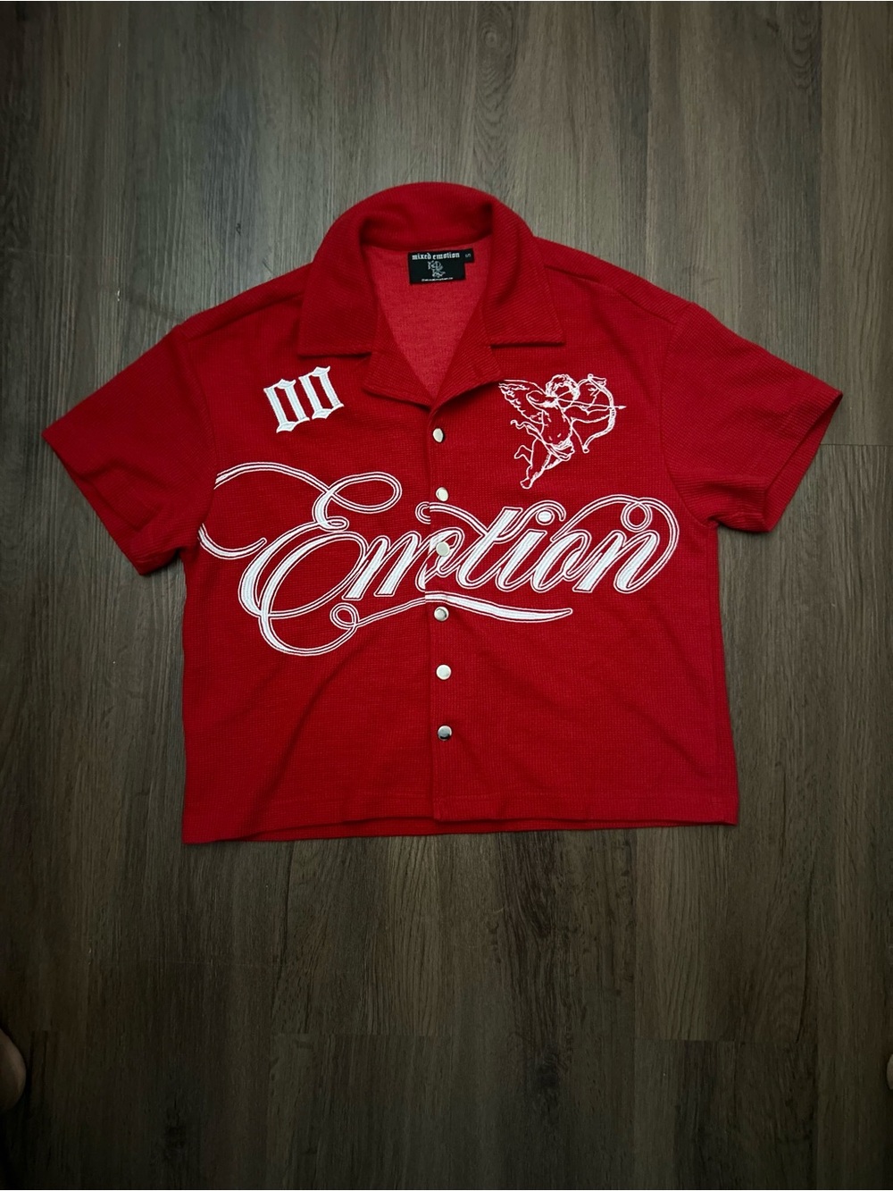 Red 'Emotion' Script Camp-Collar Button Shirt